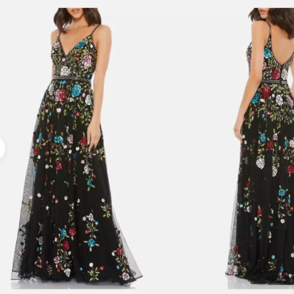MAC DUGGAL 5400 FLORAL EMBELLISHED A-LINE BLACK/multi color GOWN DRESS sz 4 - Picture 4 of 6